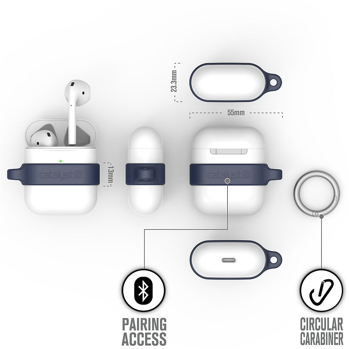 catalyst airpods gen 2 1 loop carabiner midnight blue with airpods front side back top bottom view and circular carabiner text reads pairing access circular carabiner