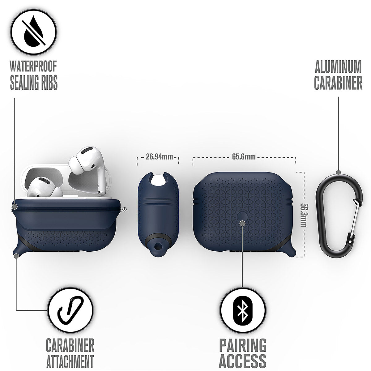 catalyst airpods pro gen 2 1 waterproof case carabiner premium edition midnight blue different views showing the sealing ribs carabiner attachment loop and pairing access text reads waterproof sealing ribs aluminum carabiner carabiner attachment pairing access