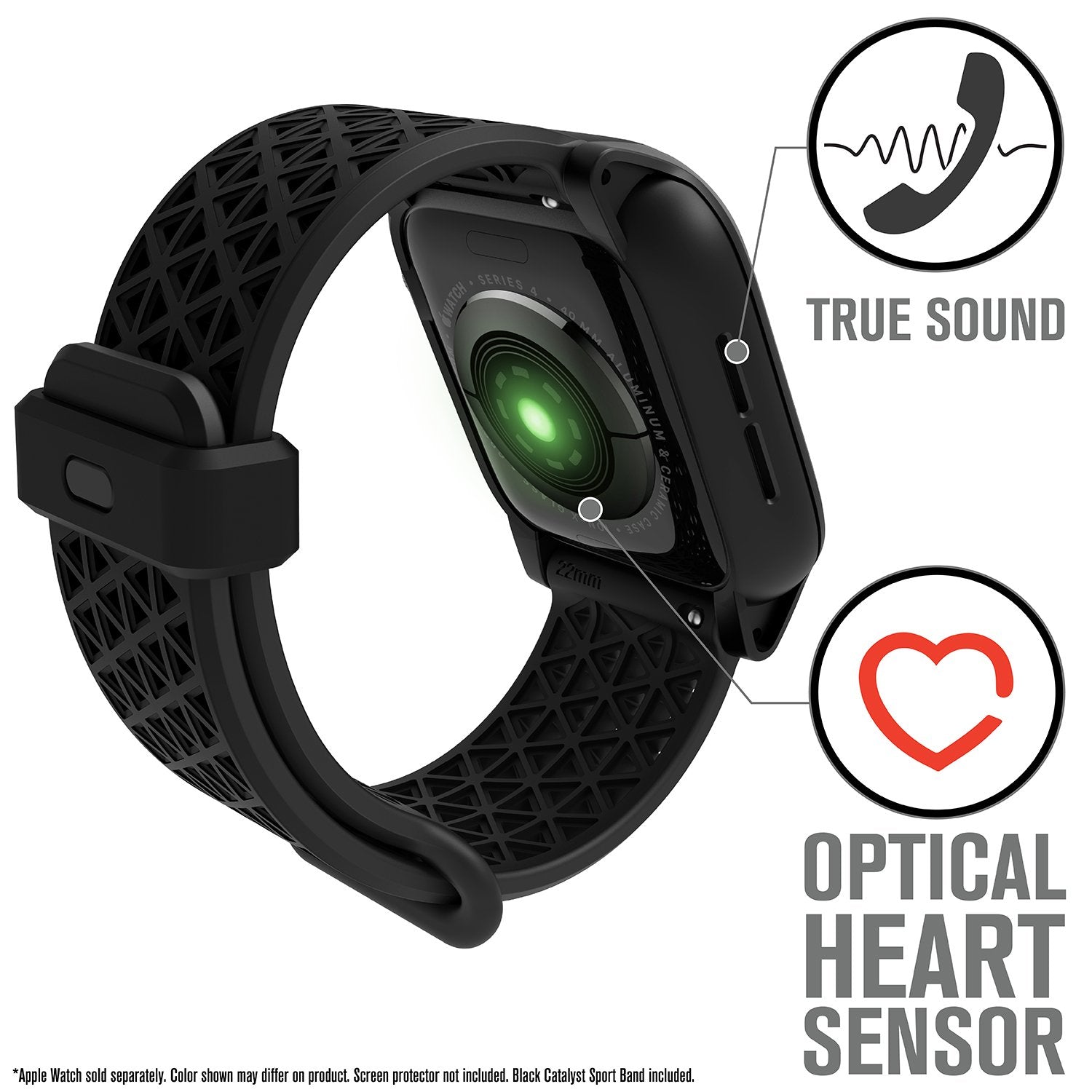 catalyst apple watch series 6 5 4 SE Gen 2/1 40mm impact protection case sport band showing a green light on the optical heart sensor text reads true sound optical heart sensor