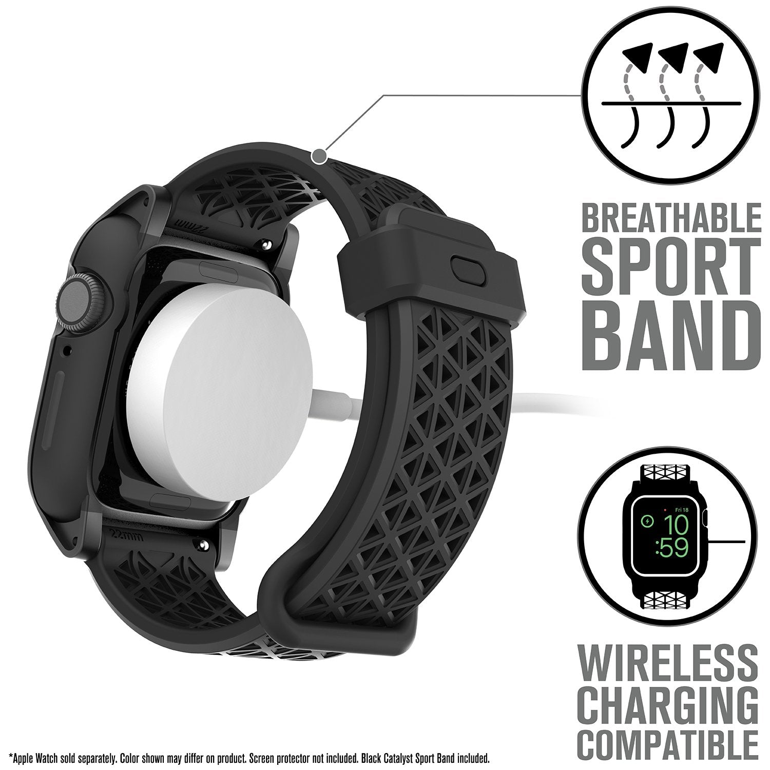 catalyst apple watch series 6 5 4 SE Gen 2/1 40mm impact protection case sport band showing breathable sport band and wireless charging compatibility text reads breathable sport band wireless charging compatible