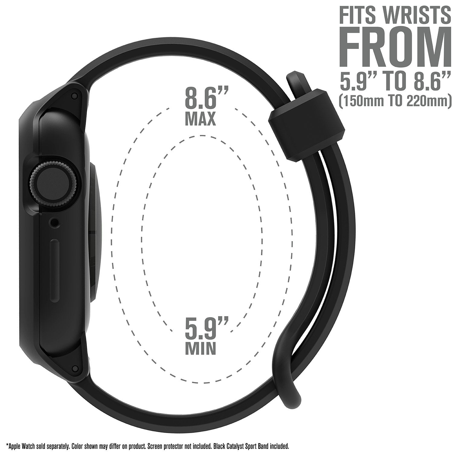 catalyst apple watch series 6 5 4 SE Gen 2/1 40mm impact protection case sport band showing the side view of the catalyst case with the minimum and maximum sizes of the band text reads fits wrists from 5.9" to 8.6"(150mm to 220mm)