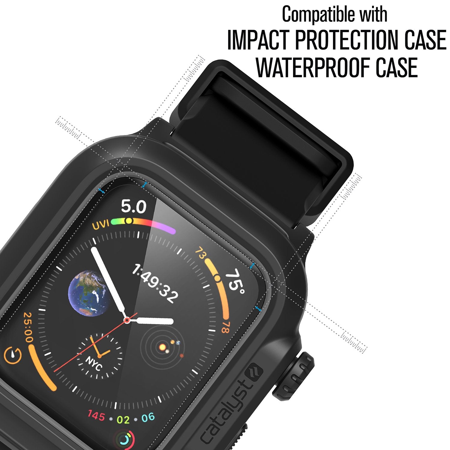 catalyst apple watch series 6 5 4 se gen 2 1 44mm screen protector 2 pack front view of the apple watch with catalyst case text reads compatible with impact protection case waterproof case