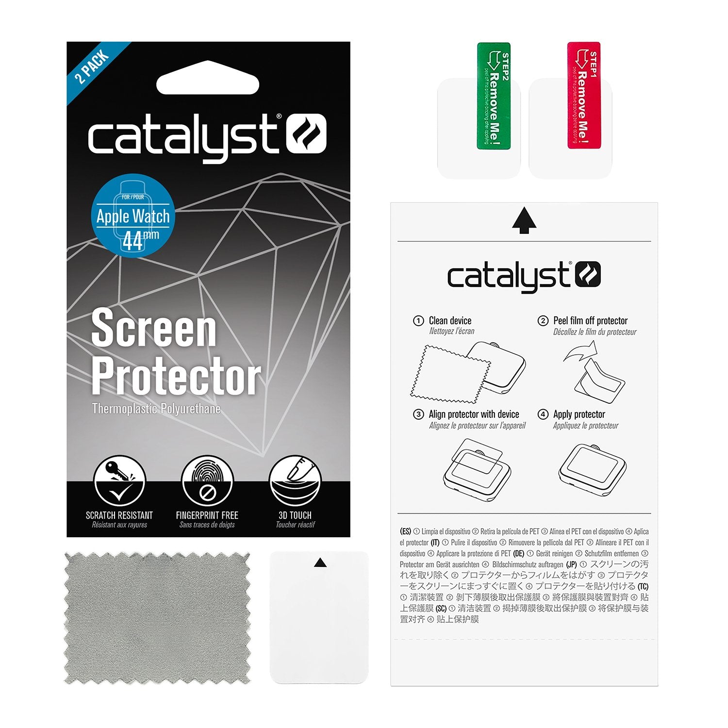 catalyst apple watch series 6 5 4 se gen 2 1 44mm screen protector 2 pack packaging of the screen protector for apple watch microfiber cloth user manual screen protector