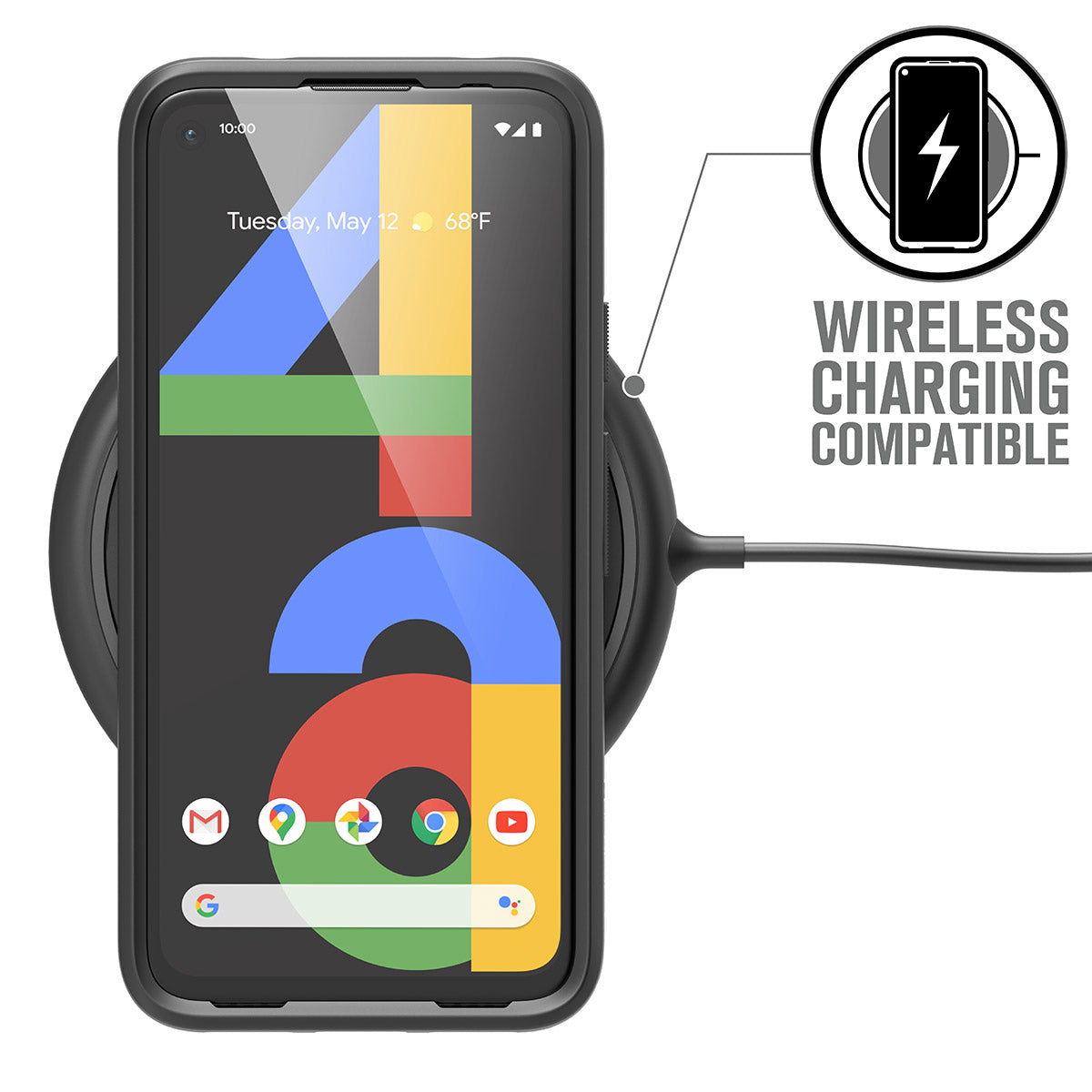 Catalyst google pixel 4a not compatible with pixel 4a 5g impact protection case showing how the case is wireless charging compatible text reads wireless charging compatible