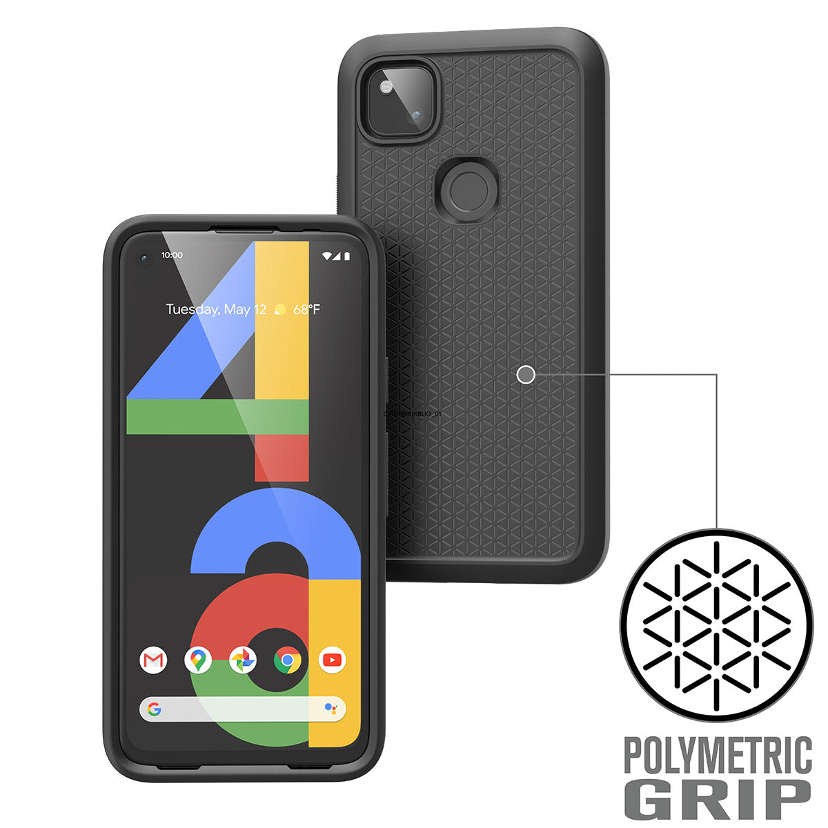 : Catalyst google pixel 4a not compatible with pixel 4a 5g impact protection case showing the front and back of the case and the polymetric grip at the back of the case. 