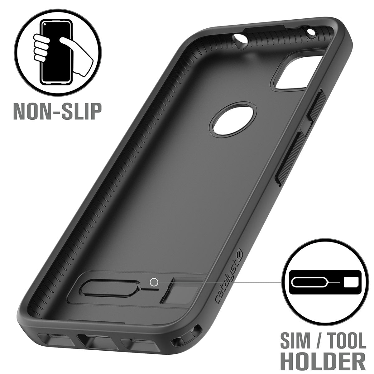  Catalyst google pixel 4a not compatible with pixel 4a 5g impact protection case showing the inner side of the back cover text reads sim tool holder