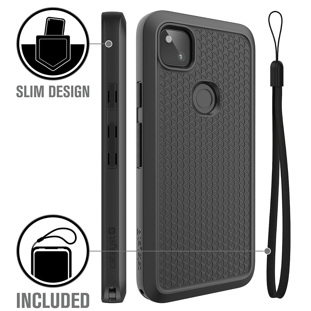 Catalyst google pixel 4a not compatible with pixel 4a 5g impact protection case showing the side and back view of the case with lanyard included text reads slim design and lanyard included