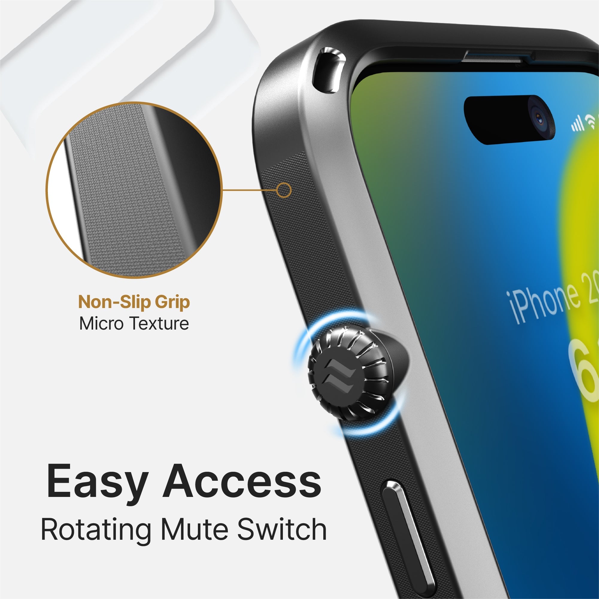 Close-up of the Catalyst Case US iPhone 15 - Influence Case in metallic finish, featuring a textured rotating mute switch and non-slip micro texture grip. MIL-STD 810G certified for drop proof, rugged protection.