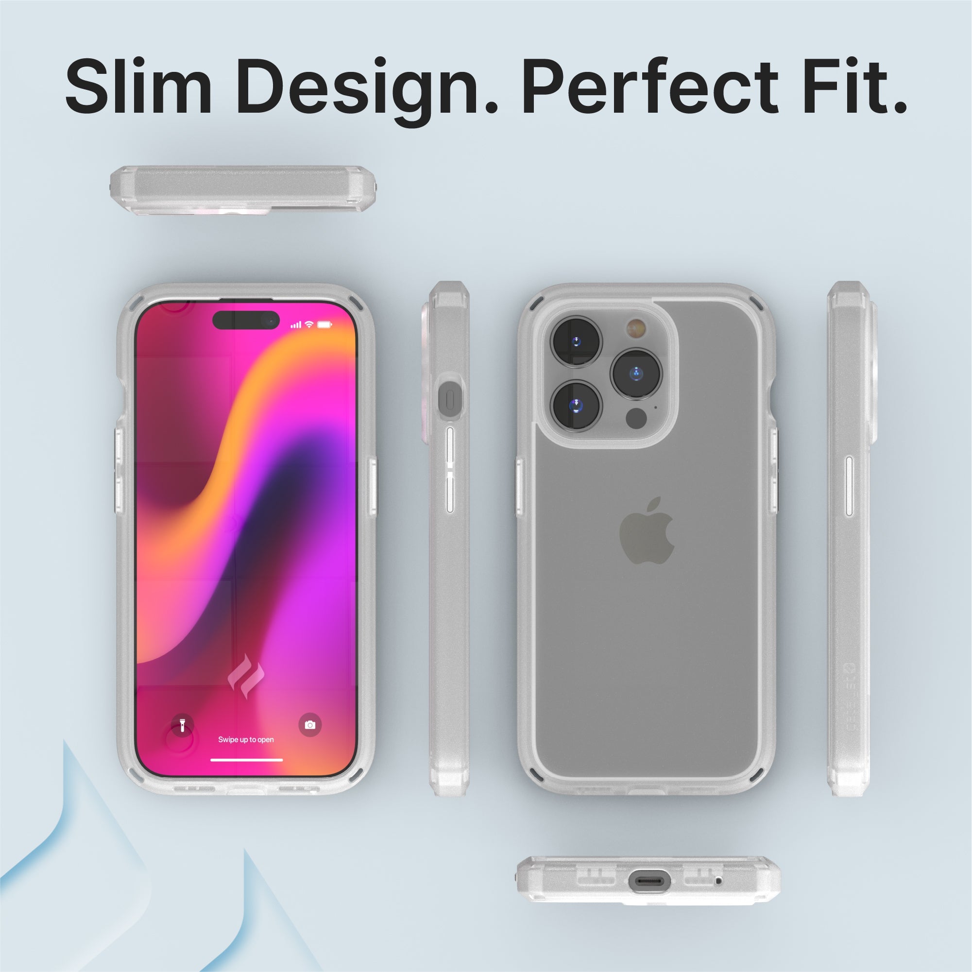 Catalyst iphone 15 series influence case iphone 15 pro max in clear colorway showing all sides of the case text reads slim design perfect fit