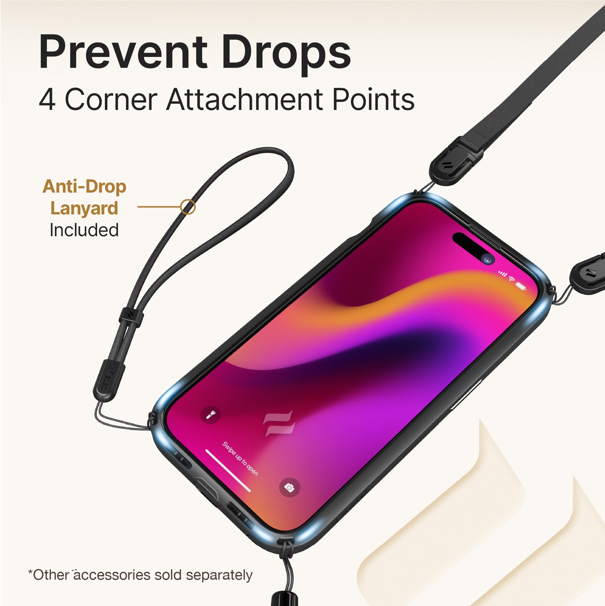 Catalyst iphone 15 series influence case iphone 15 pro max in midnight black colorway showing the four corners attachment of the case text reads prevent drops 4 corner attachment points anti-drop lanyard included