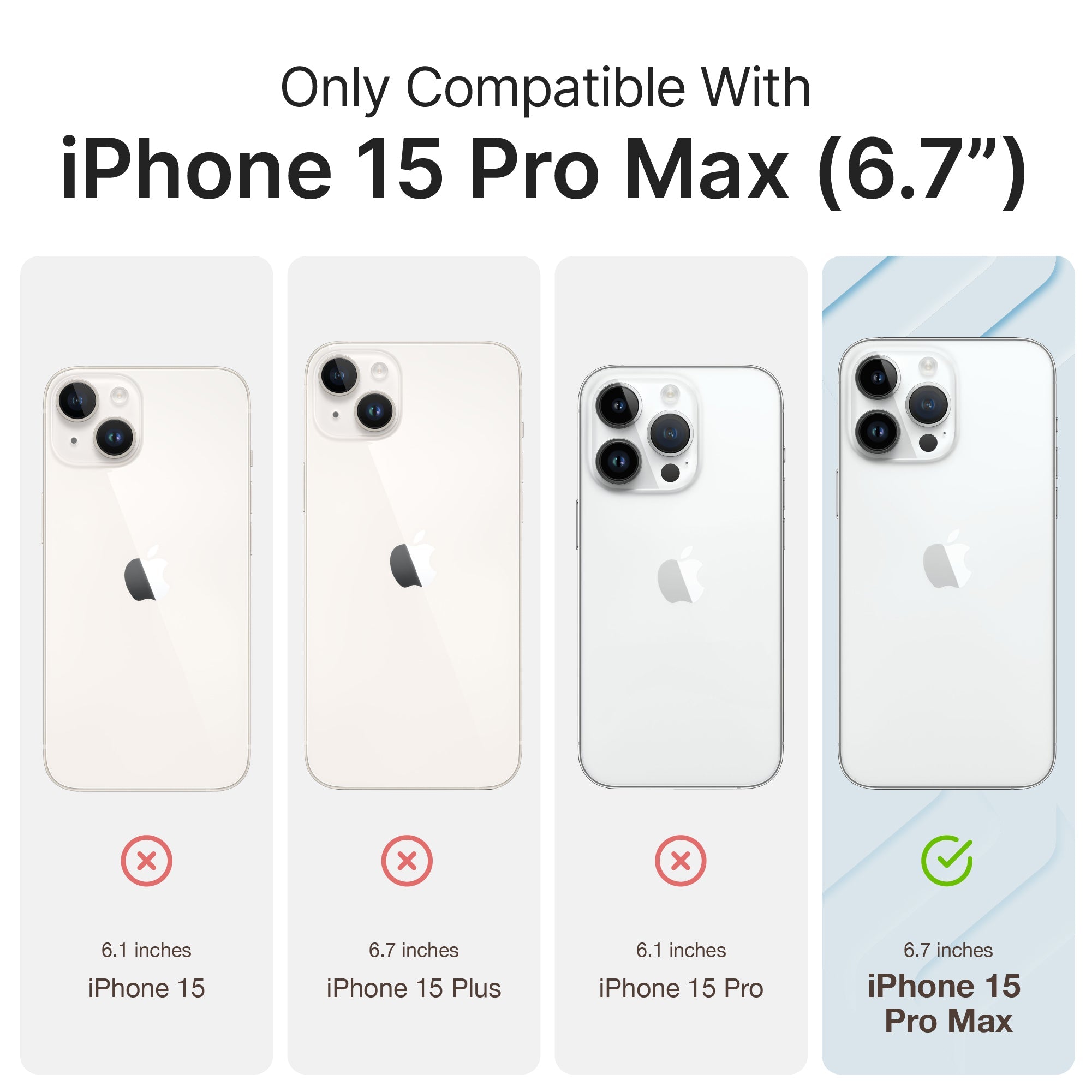 Catalyst iphone 15 series influence case iphone 15 pro max in midnight black colorway showing the case sizes compatibility text reads only compatible with iphone 15 6.1 6 inches iphone 15 6.7 inches iphone 15 plus 6 inches iphone 15 pro 6.7 inches iphone 15 pro max