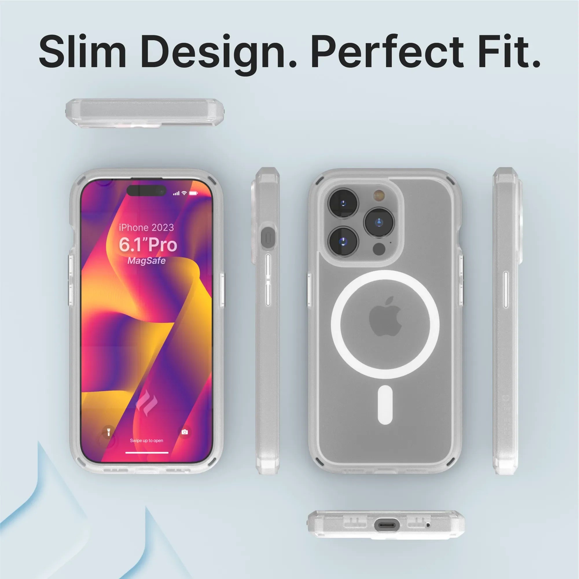 Five views of the Catalyst Case US Influence Case for iPhone 15 Pro are shown: front, back, sides, top, and bottom. The text "Slim Design. Perfect Fit." appears above. The screen shows colorful shapes and “iPhone 15 Pro MagSafe Compatible.”.