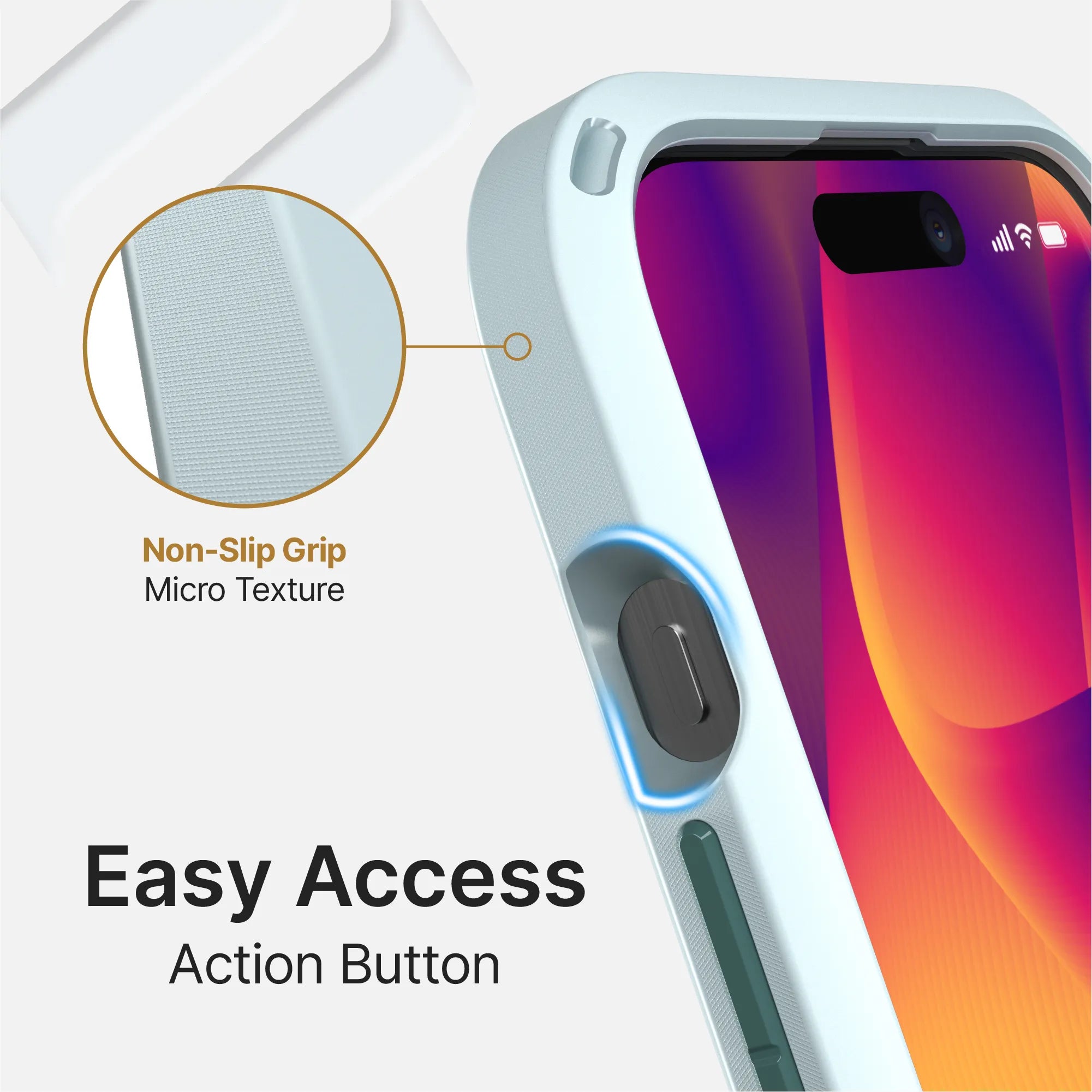 A close-up of the Catalyst Case US Influence Case for iPhone 15 Pro shows its textured, non-slip grip near the side button. A circular inset reveals micro texture detail. Text reads: "Non-Slip Grip Micro Texture" and "Easy Access Action Button." MagSafe compatible.