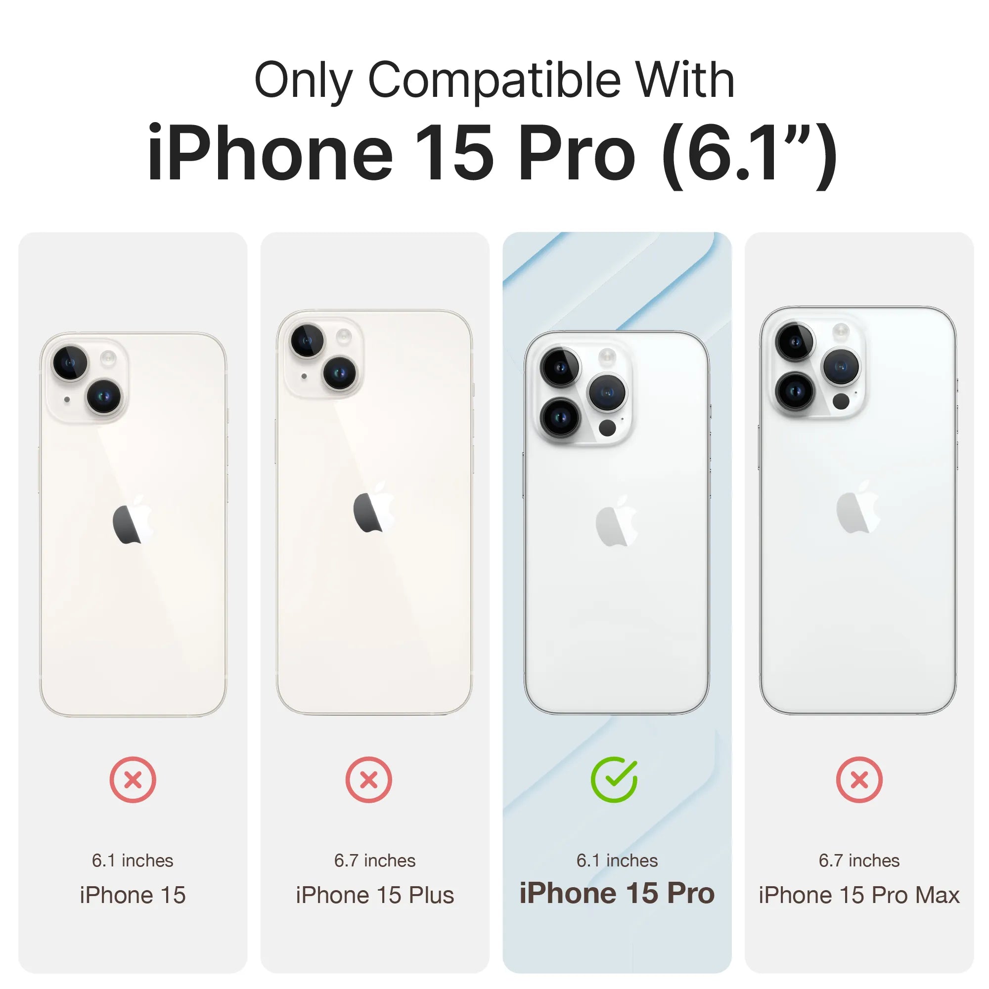 A chart shows four iPhones; only the iPhone 15 Pro (6.1") is marked compatible with the Catalyst Case US Influence Case, MagSafe Compatible. The iPhone 15, 15 Plus, and 15 Pro Max all show red X marks for incompatibility.