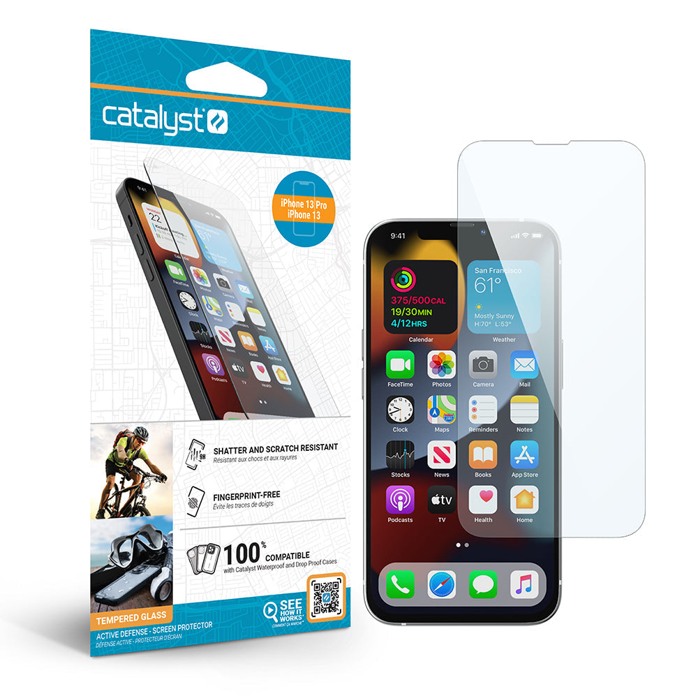 Catalyst tempered glass screen protector for iPhone 13 Pro & iPhone 13 in blue & white packaging
