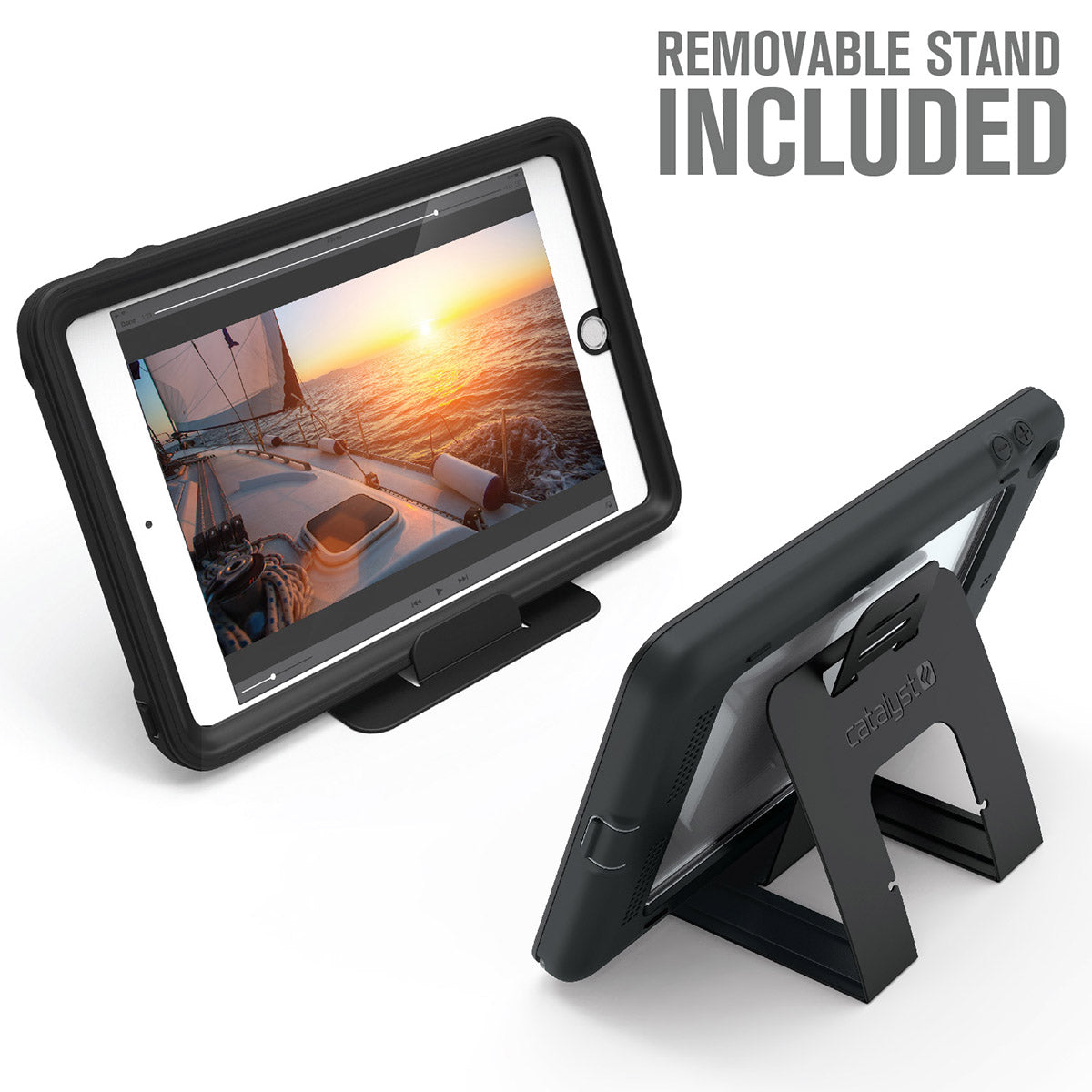 Catalyst waterproof case for ipad mini 5 black removable stand Text reads removable stand included