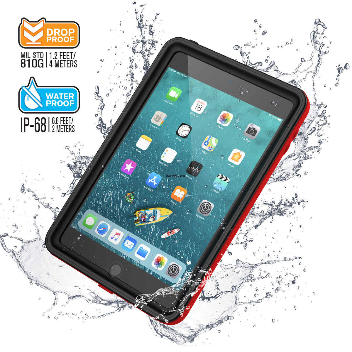 Catalyst waterproof case for ipad mini 5 red drop proof Text reads drop proof MIL STD 81G 1.2 feet/4 meters Waterproof IP-68 6.6 feet/2 meters 