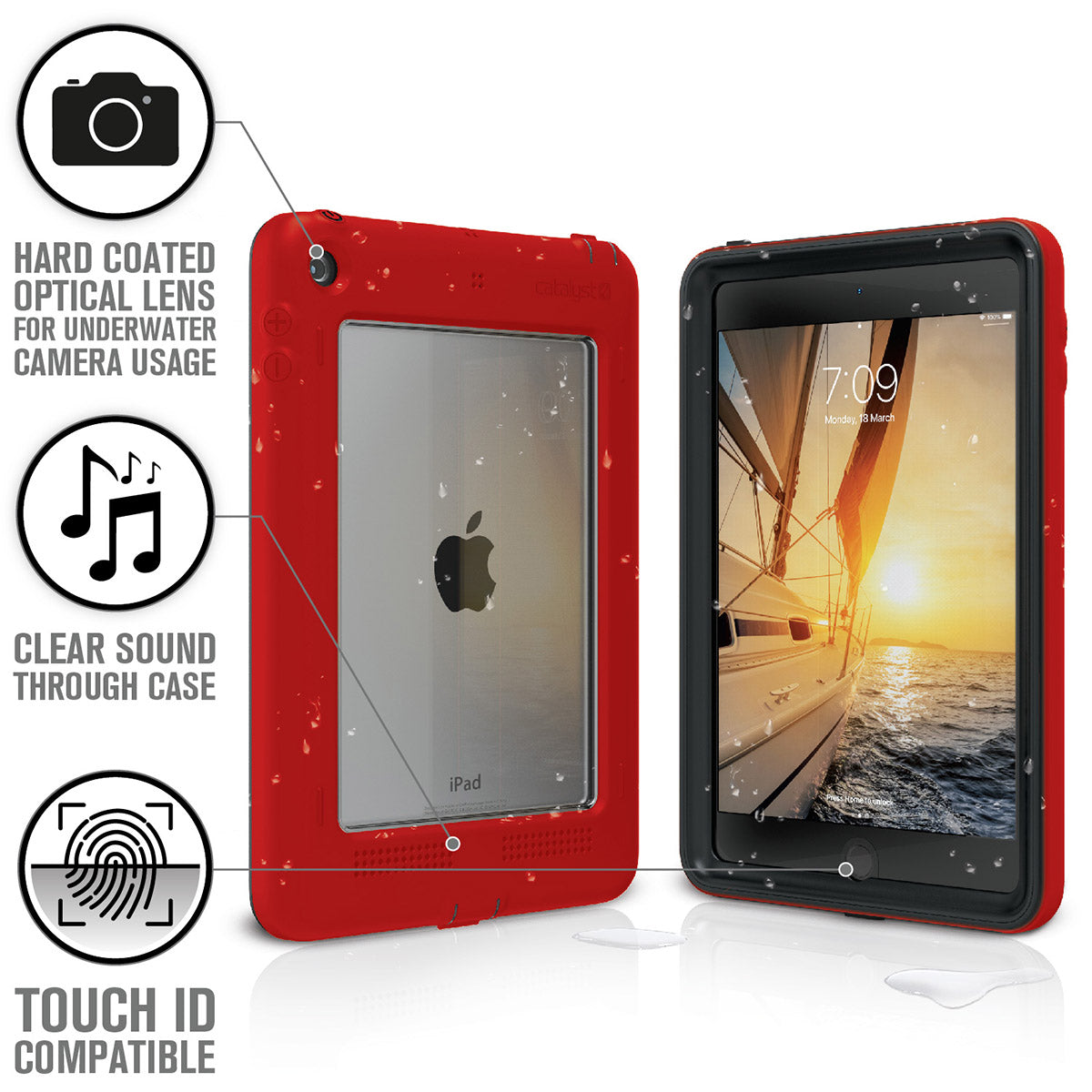 Catalyst waterproof case for ipad mini 5 red hard coated camera lens clear sound touch id compatible Text reads hard coated optical lens for underwater camera usage clear sound through case touch id compatible