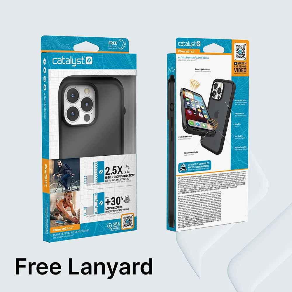 The image displays front and back views of Catalyst Case US iPhone 13 - Influence Case packaging, highlighting ÃƒÂ¢Ã¢â€šÂ¬Ã…â€œDrop Proof 2.5X higher drop protection,ÃƒÂ¢Ã¢â€šÂ¬Ã‚Â ÃƒÂ¢Ã¢â€šÂ¬Ã…â€œ+30% louder sound,ÃƒÂ¢Ã¢â€šÂ¬Ã‚Â wireless charging compatibility, more features, and a QR code for a product video.