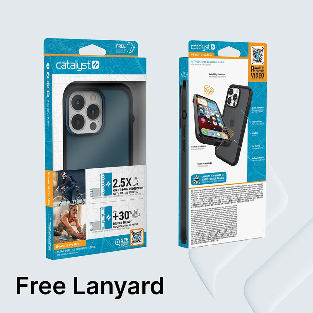 Two Catalyst Case US iPhone 13 Pro Influence Case boxes are shown. The left shows a blue case with ÃƒÂ¢Ã¢â€šÂ¬Ã…â€œDrop Proof 2.5X Higher Drop ProtectionÃƒÂ¢Ã¢â€šÂ¬Ã‚Â and athletes, while the right highlights wireless charging, MIL-STD 810G, and a QR code video.