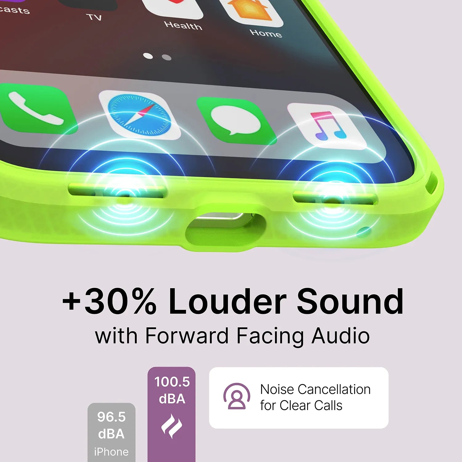 Close-up of an iPhone 13 Pro in Catalyst Case USÃƒÂ¢Ã¢â€šÂ¬Ã¢â€žÂ¢s bright green Influence Case, showing blue sound waves from forward-facing speakers. Text reads "+30% Louder Sound with Forward Facing Audio", highlighting noise cancellation and wireless charging.