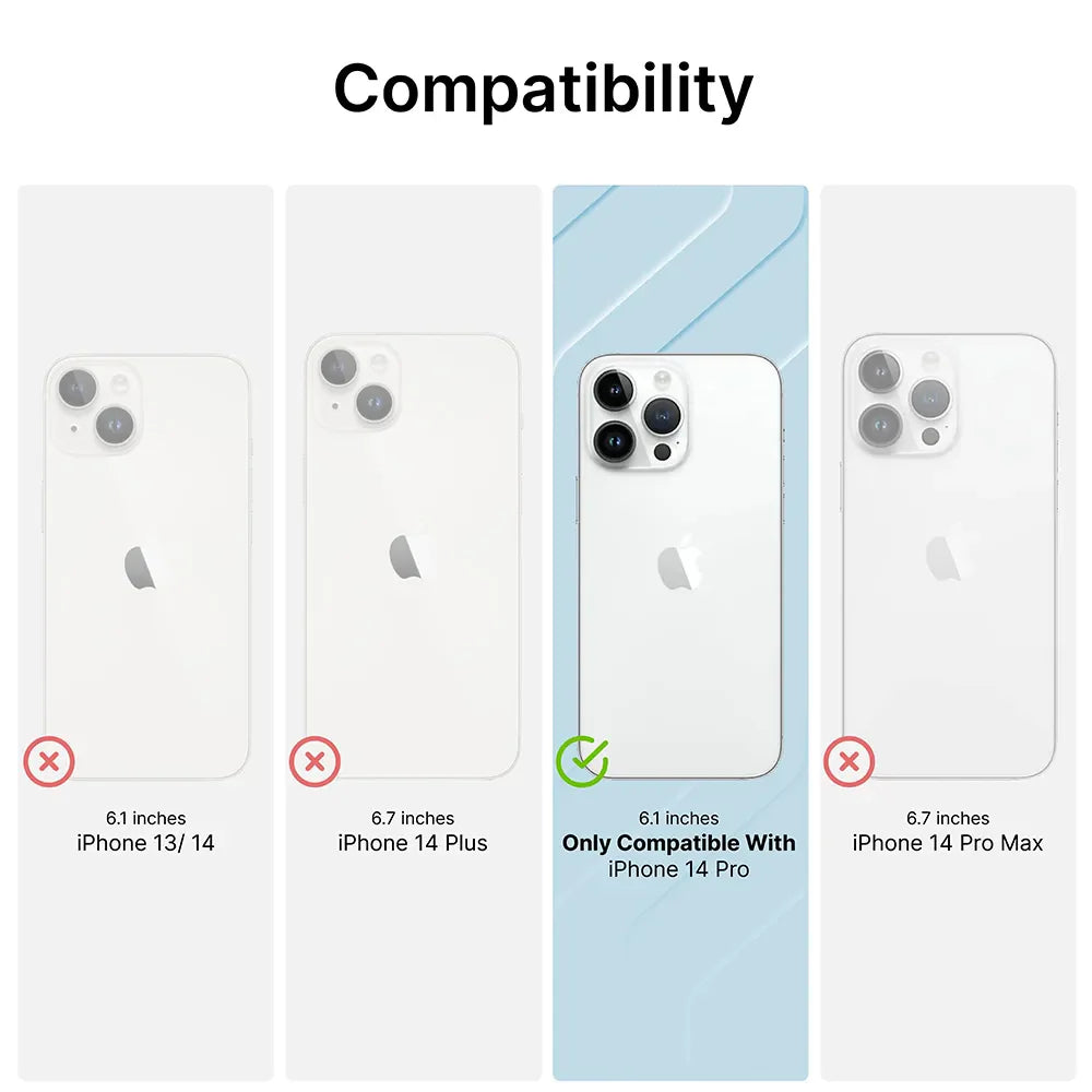 A chart shows four iPhone models; only the 6.1-inch iPhone 14 Pro gets a green check for compatibility with the Catalyst Case US Influence Case (MagSafe Compatible)ÃƒÂ¢Ã¢â€šÂ¬Ã¢â‚¬Âthe other models have red Xs and arenÃƒÂ¢Ã¢â€šÂ¬Ã¢â€žÂ¢t supported.