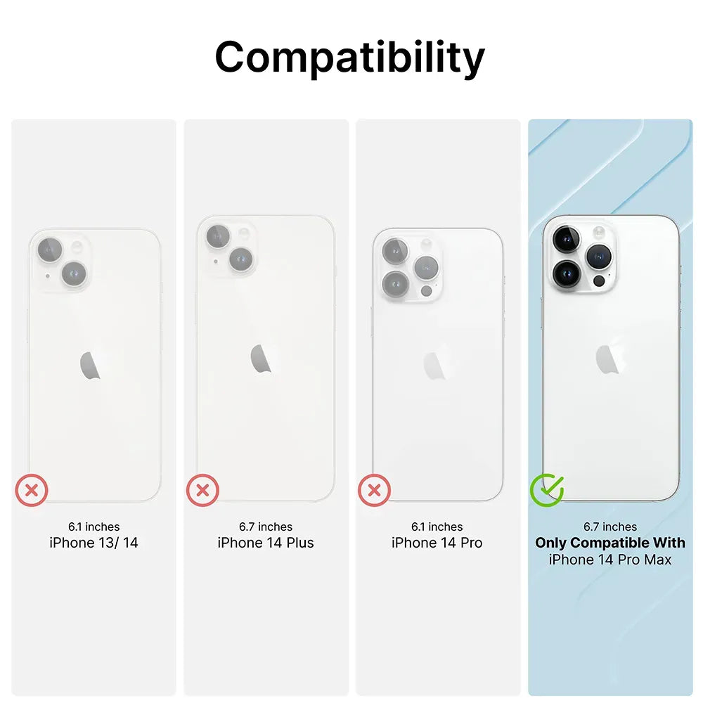 Image showing Catalyst Case US iPhone 14 Pro Max - Influence Case (MagSafe Compatible): three white iPhones (13/14, 14 Plus, 14 Pro) greyed out with red X and "Incompatible." Only iPhone 14 Pro Max is highlighted and marked as compatible.