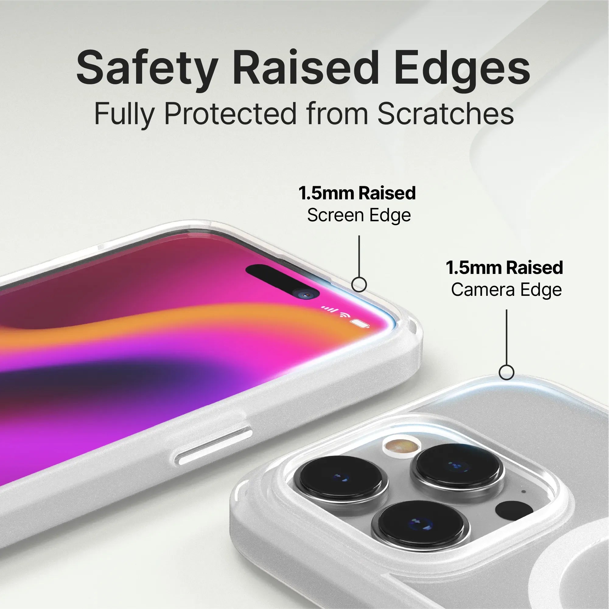 A close-up of the Catalyst Case US iPhone 14 Pro Max - Influence Case (MagSafe Compatible) shows 1.5mm raised screen and camera edges. “Safety Raised Edges Fully Protected from Scratches” appears above to highlight protection.