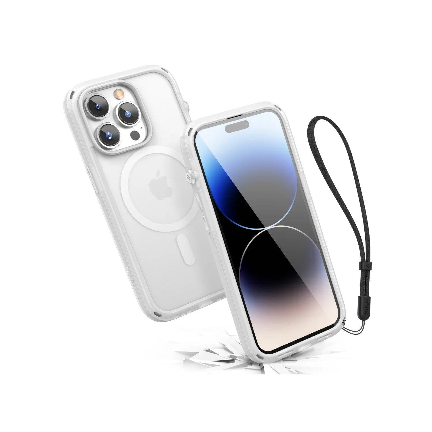 The Catalyst Case US iPhone 14 Pro - Influence Case, MagSafe Compatible, with a clear design, visible MagSafe ring, reinforced edges, and a detachable black wrist strap, is shown beside a smartphone on a white background.