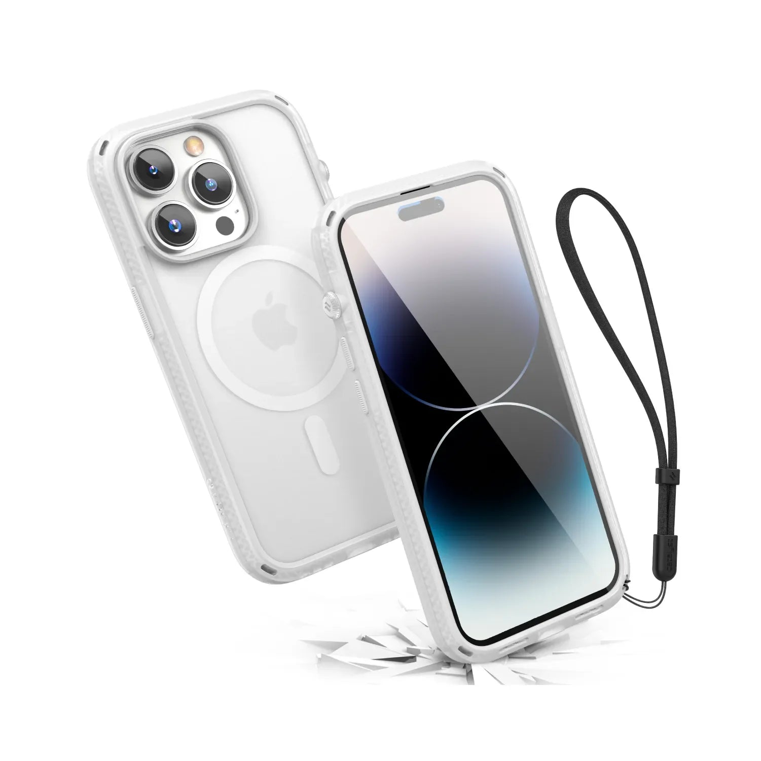 Two Catalyst Case US Influence Cases (Clear) for iPhone 14 Pro Max are shown: one displays the minimalist screen, the other shows camera lenses. Both MagSafe-compatible, shockproof cases feature a black wrist strap.
