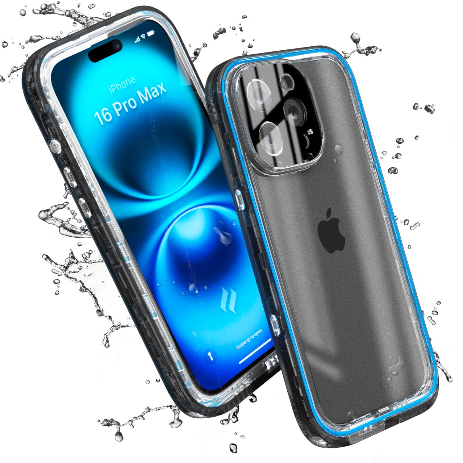 Two iPhones 16 Pro, encased in Catalyst's black waterproof, drop-proof cases, are pictured with water splashing around them, showcasing their exceptional water resistance.