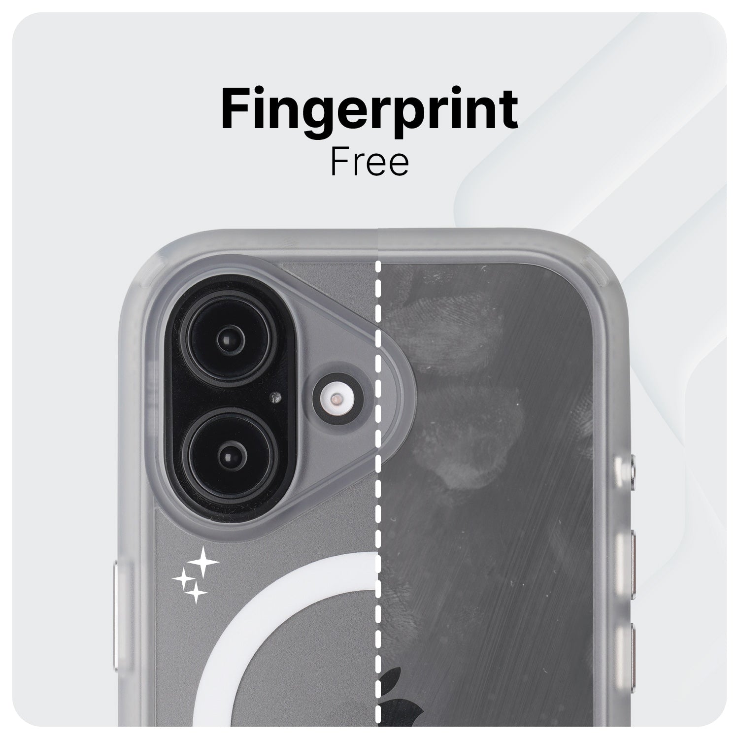 An image of a Catalyst Drop Proof Case split in half. The left side is clean, labeled "Fingerprint Free," while the right side shows visible fingerprint smudges.