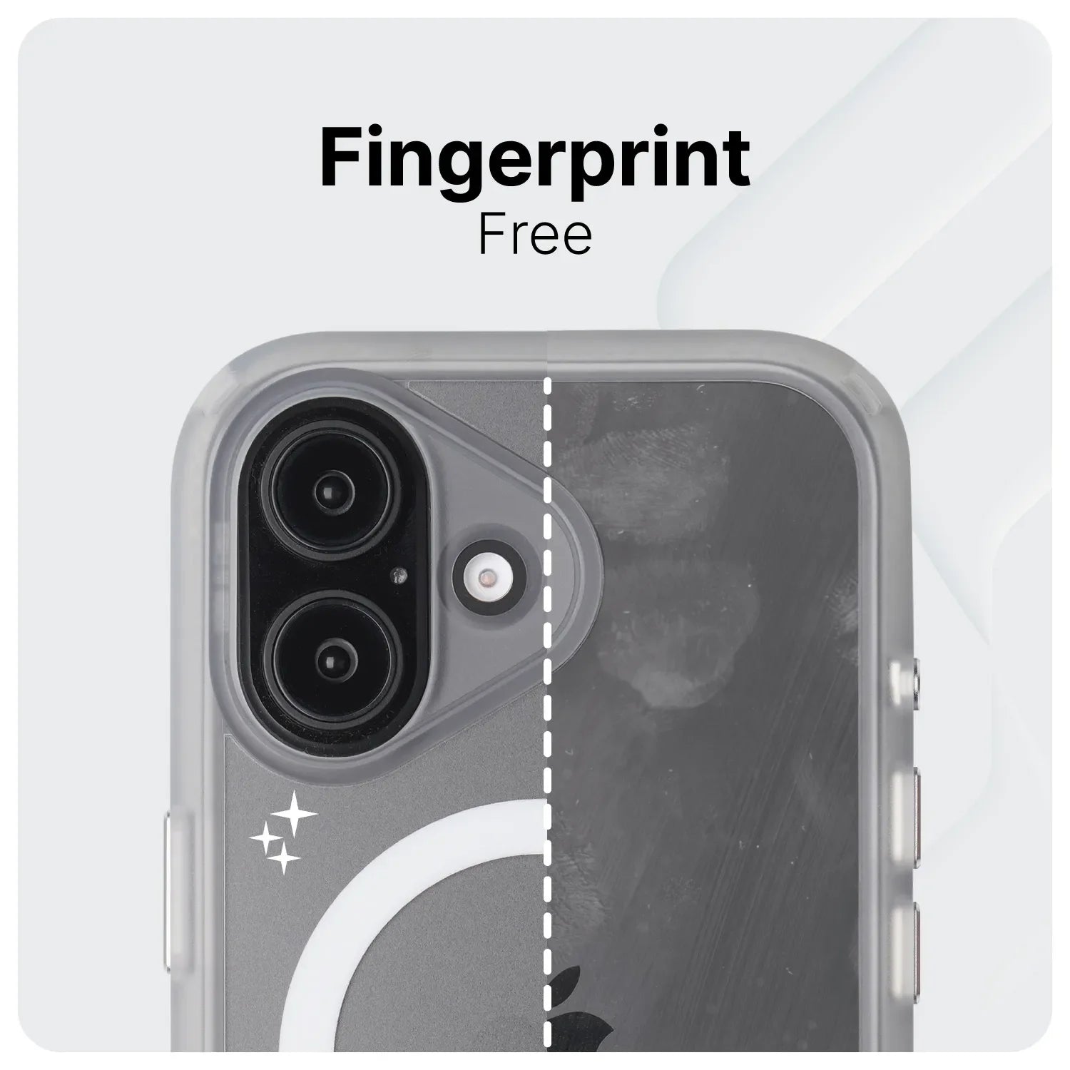 The Catalyst Case US iPhone 15 Pro - Influence Case (MagSafe Compatible) is shown halved: the left side is clean and shiny, while the right has fingerprints. Bold text reads "Fingerprint Free," emphasizing its anti-fingerprint feature.