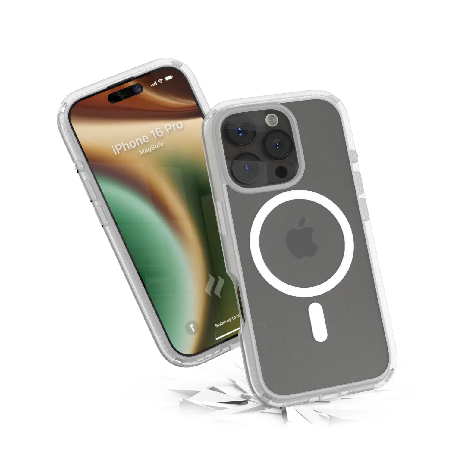 Two iPhone 16 Pro phones with Catalyst Case US Influence Cases (MagSafe compatible); one shows the screen and “iPhone 16 Pro†text, the other displays the back with MagSafe ring, Apple logo, and triple cameras. Shards below highlight impact resistance.