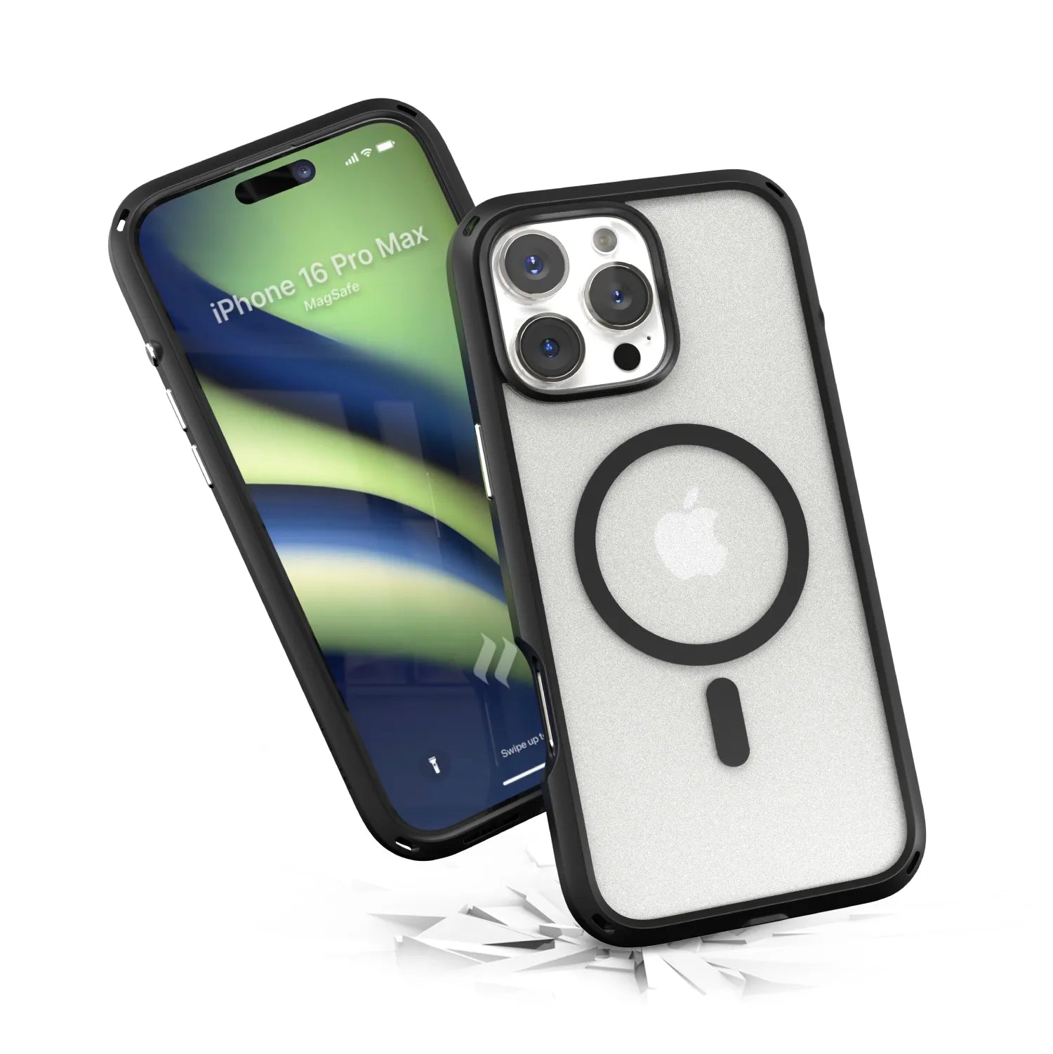 Two iPhone 16 Pro Max devices feature Catalyst Case US Influence cases, MagSafe compatible; one displays a green-blue lock screen, the other shows the back in a black-edged clear case with MagSafe ring and Apple logo, both on broken glass.