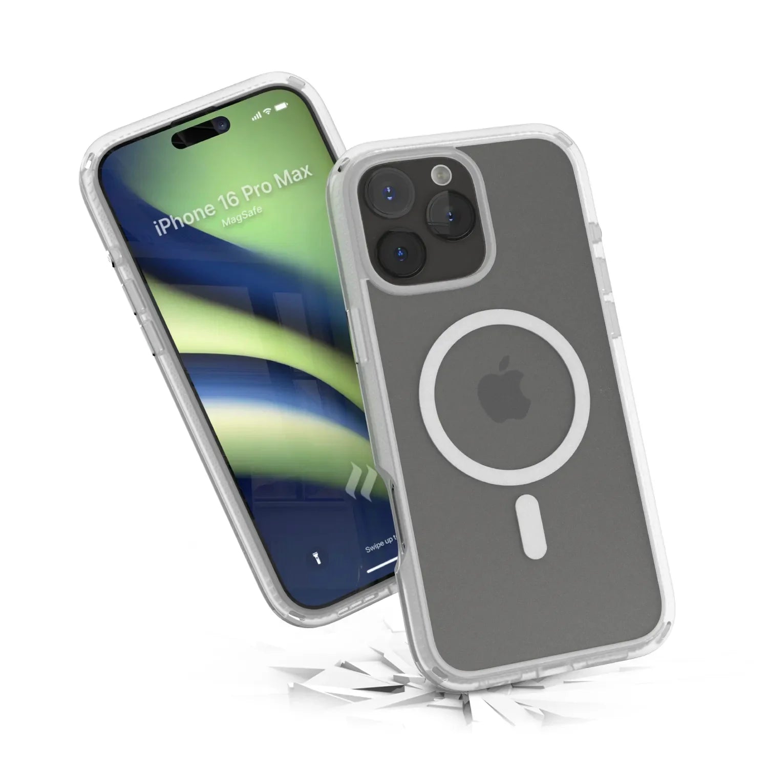 Two iPhone 16 Pro Max devices with Catalyst Case US Influence Cases (MagSafe compatible): one shows a vibrant lock screen, the other is facedown on a cracked surface, revealing the gray case back with MagSafe ring and Apple logo.
