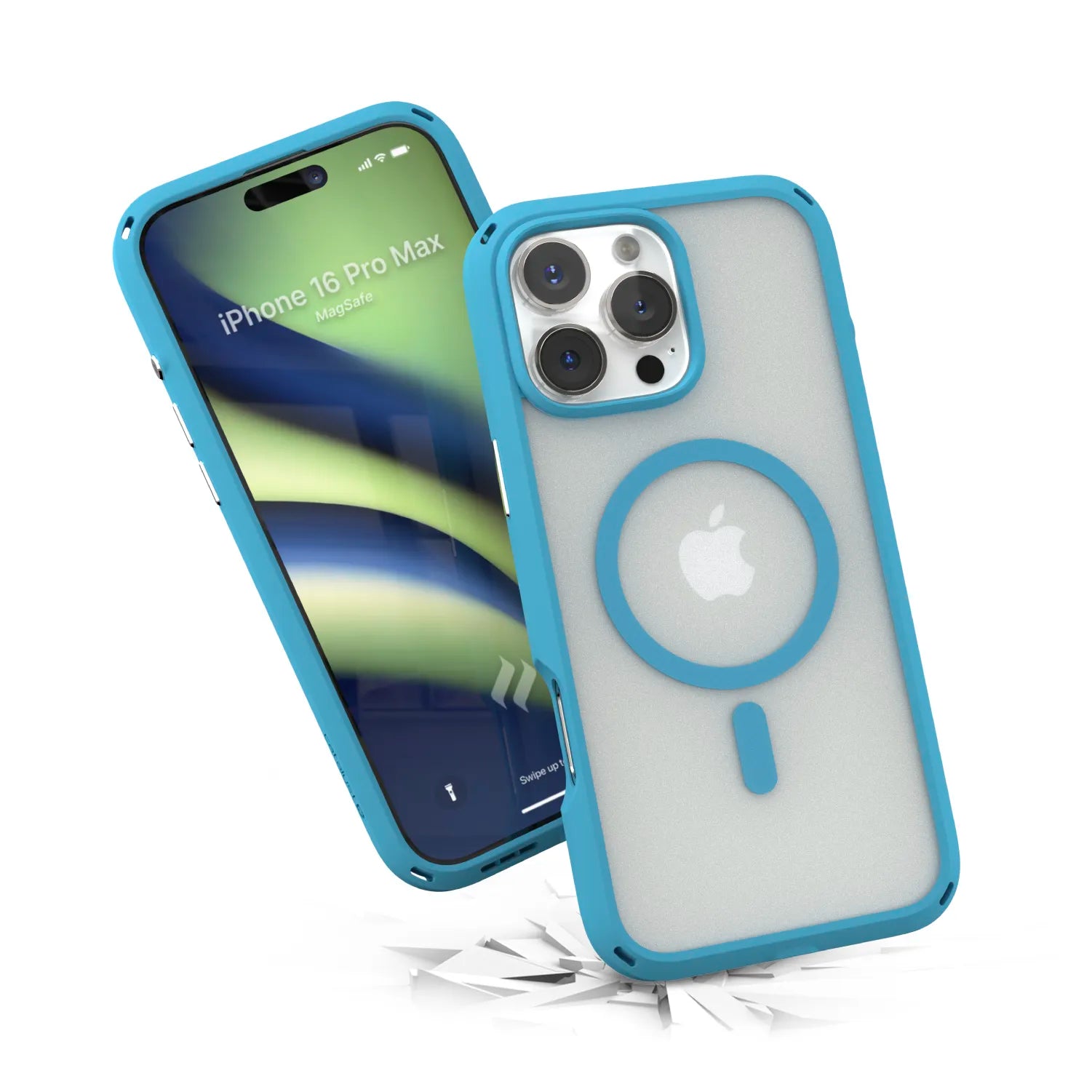 Two iPhone 16 Pro Max phones in blue-trimmed Catalyst Case US Influence Cases (MagSafe compatible) are shown falling, one displaying a green-blue abstract wallpaper and the other revealing the back with MagSafe ring and Apple logo amid shards.