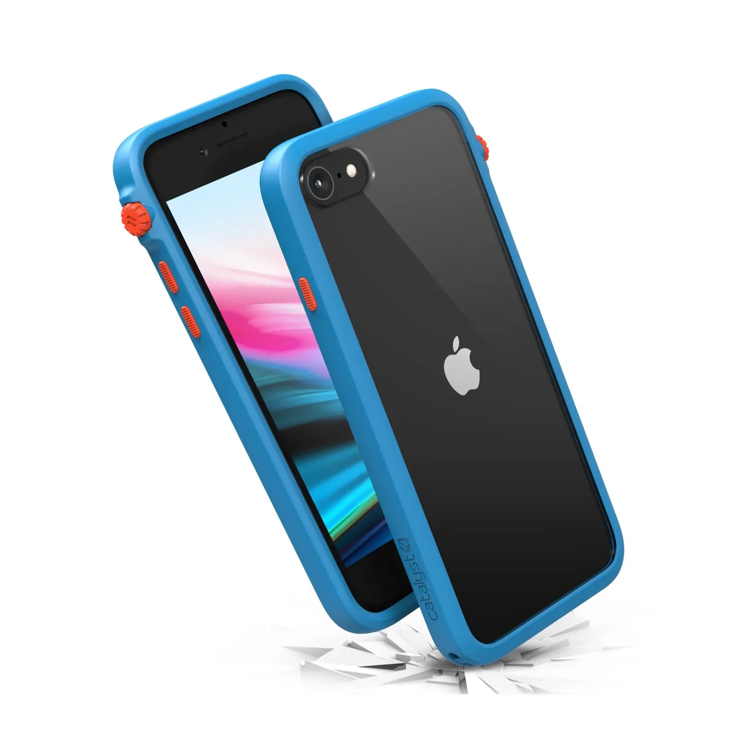 Two iPhone SE (Gen 3/2) / 8 / 7 phones in blue and orange Catalyst Case US Impact Protection Cases are shownÃƒÂ¢Ã¢â€šÂ¬Ã¢â‚¬Âone with the screen, one with the Apple logo. The Drop Proof case sits on broken glass, highlighting its impressive durability.