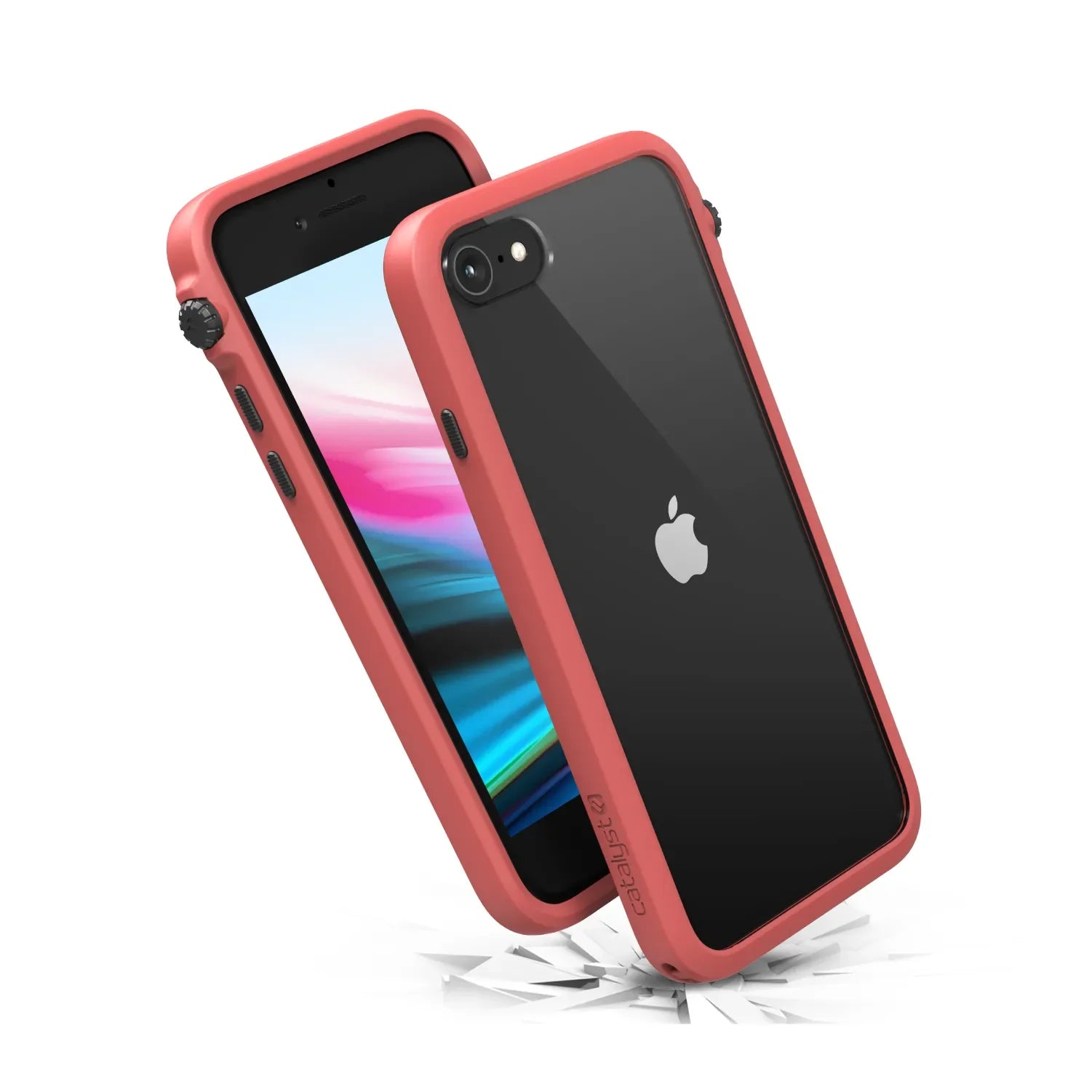 Two black iPhone SE (Gen 3/2), 8, and 7 devices in Catalyst Case US Impact Protection Cases with pink bumpers; one upright on the home screen, one angled to show the Apple logo as its MIL-STD 810G drop-tested case withstands impact on a cracked white surface.