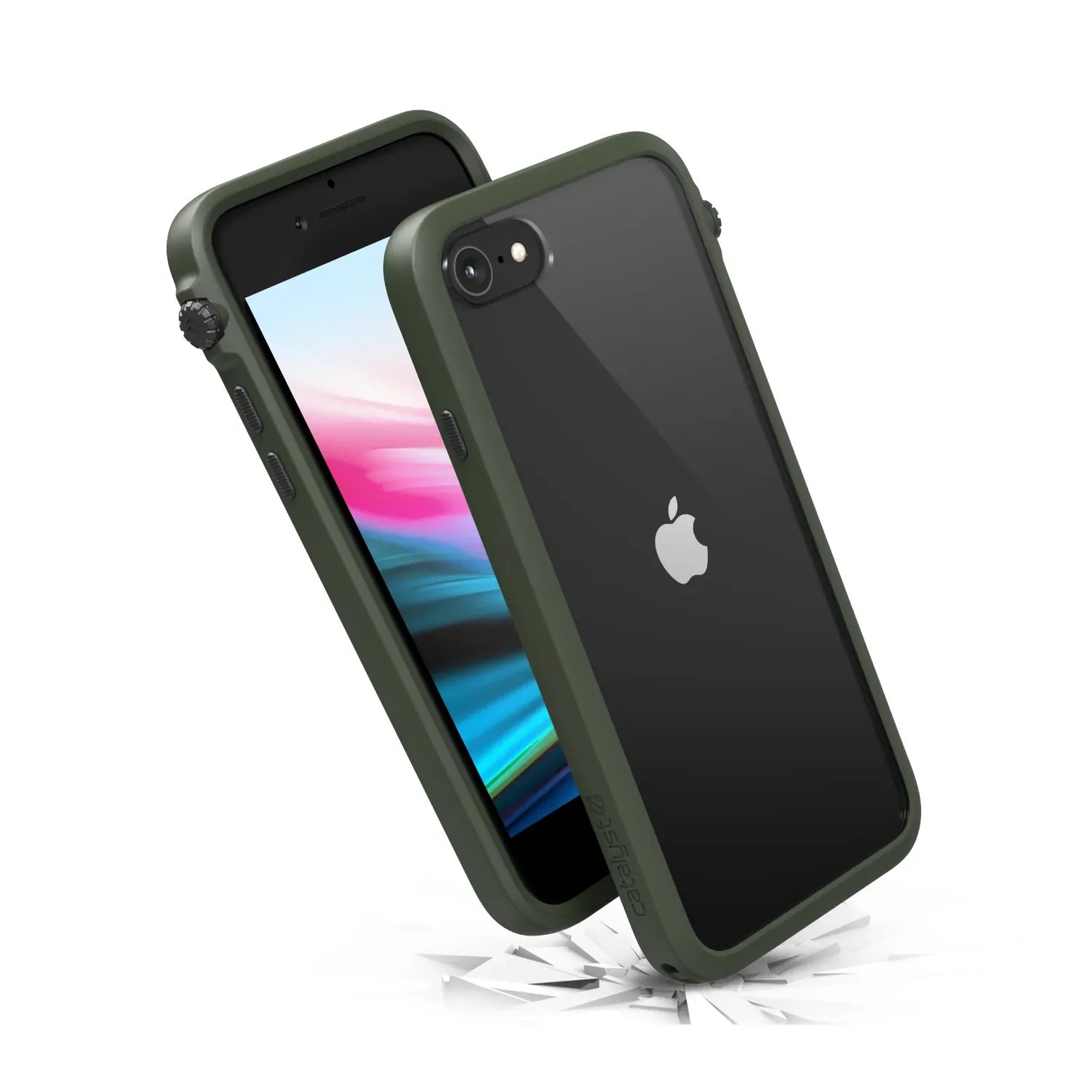 Two iPhones (SE Gen 3/2, 8, or 7) in Catalyst Case US dark green Impact Protection Cases with transparent backs are shownÃƒÂ¢Ã¢â€šÂ¬Ã¢â‚¬Âone displays a vibrant screen, the other the Apple logo. Glass fragments highlight MIL-STD 810G drop-proof protection.