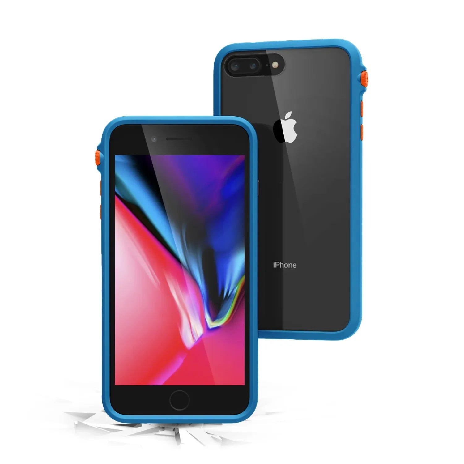 Two iPhone 8 Plus/7 Plus devices in Catalyst Impact Protection Cases are shown in blue with orange button coversÃƒÂ¢Ã¢â€šÂ¬Ã¢â‚¬Âone displays the screen, the other shows the Apple logo and rear camera. The drop-proof cases rest on a cracked white surface.