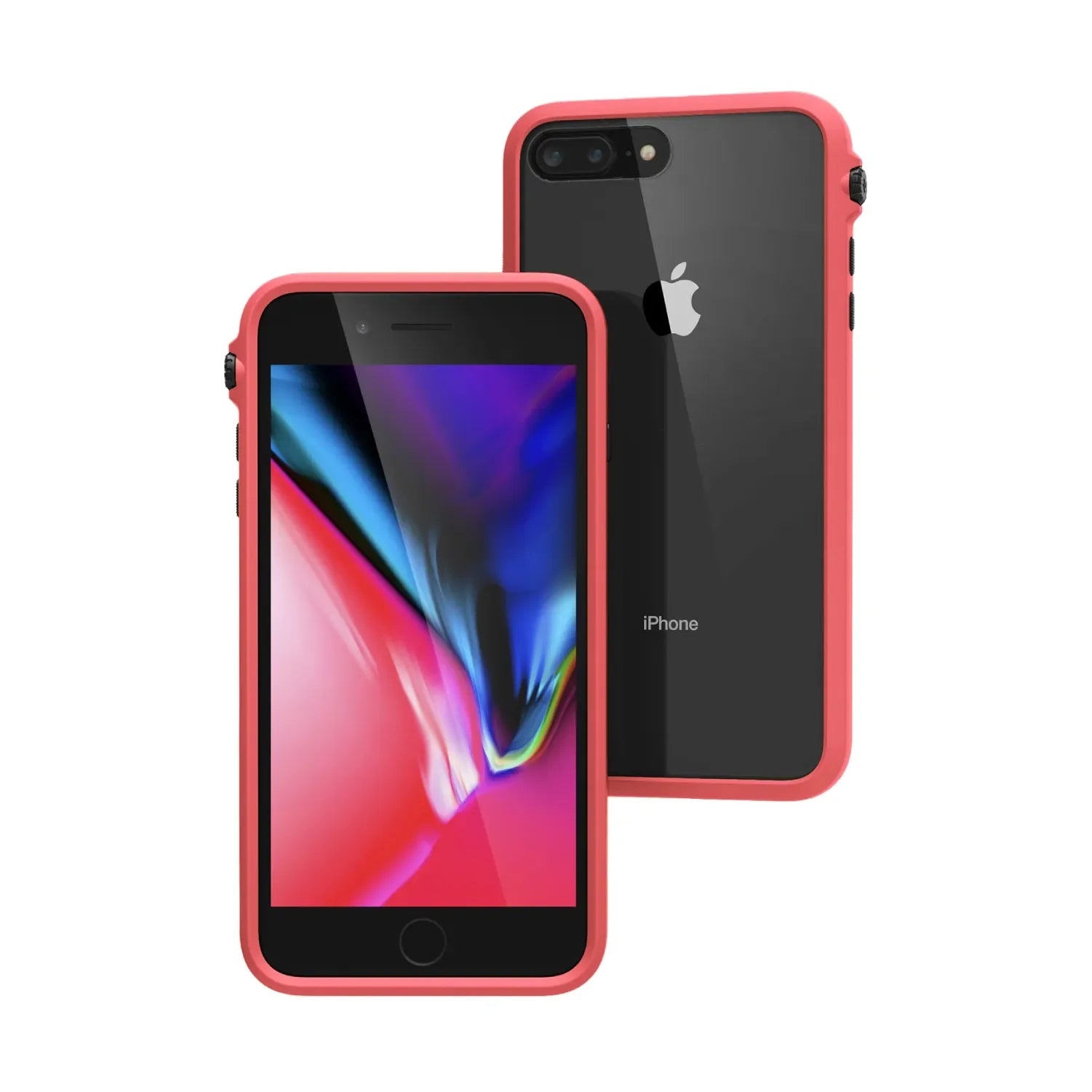 Two iPhone 8 Plus/7 Plus devices by Catalyst Case US are shown with black fronts and coral Impact Protection Cases. One displays a vibrant abstract screen, while the other reveals the Apple logo on its back at an angle.