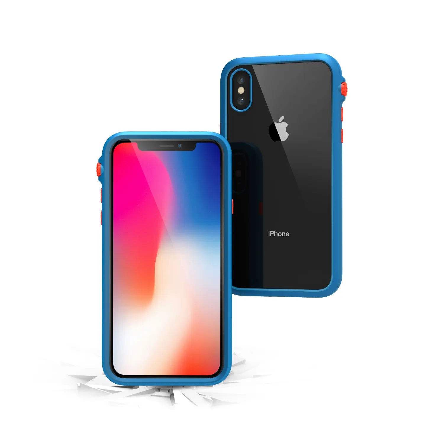Two iPhone X / Xs devices in Catalyst Case US Impact Protection Cases are shown in blue with red buttonsÃƒÂ¢Ã¢â€šÂ¬Ã¢â‚¬Âone displays a colorful screen, the other the Apple logoÃƒÂ¢Ã¢â€šÂ¬Ã¢â‚¬Âresting on a cracked white surface to showcase their Drop Proof design.