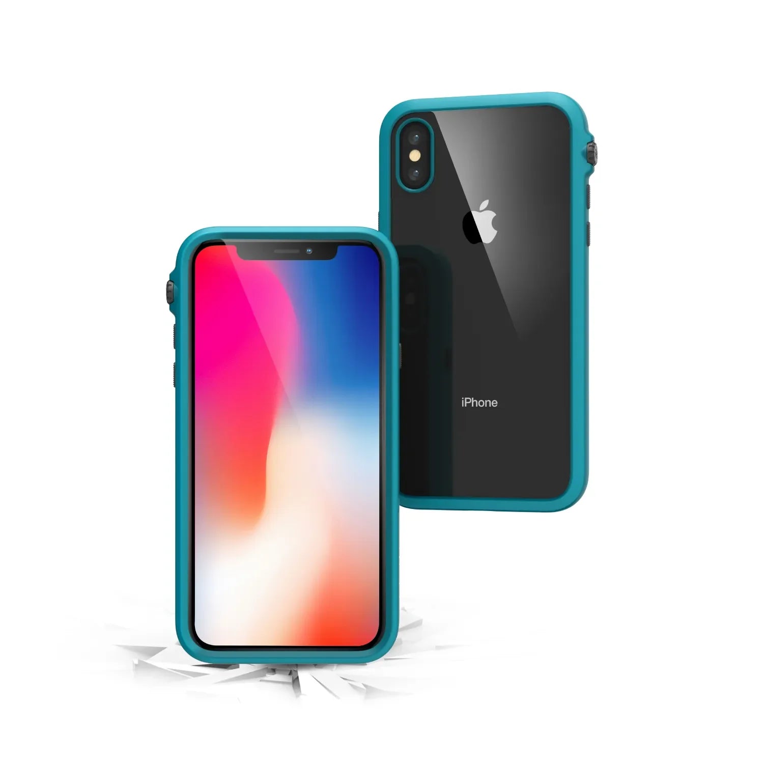 The Catalyst Case US iPhone X/Xs Impact Protection Case in teal offers drop-proof impact protection, a bright display, glossy black back, dual camera and Apple logo cutout, wireless charging compatibility, and stands upright on a cracked surface.