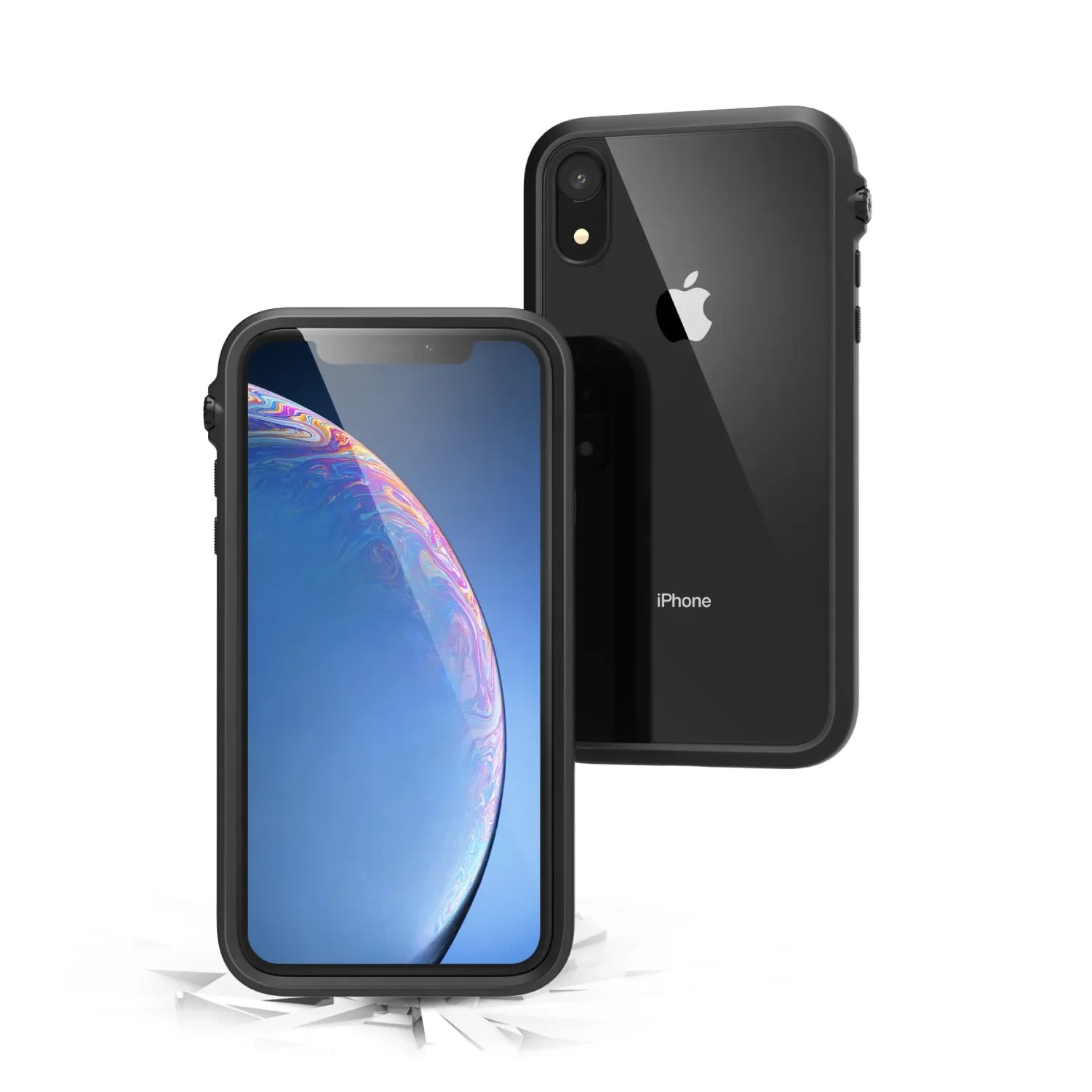 Two black Catalyst Case US cases for iPhone XR are shownÃƒÂ¢Ã¢â€šÂ¬Ã¢â‚¬Âone upright with a blue planet wallpaper, the other showing the shiny Apple logo. Both rest on a cracked surface, showcasing the MIL-STD 810G drop protection of these impact protection cases.
