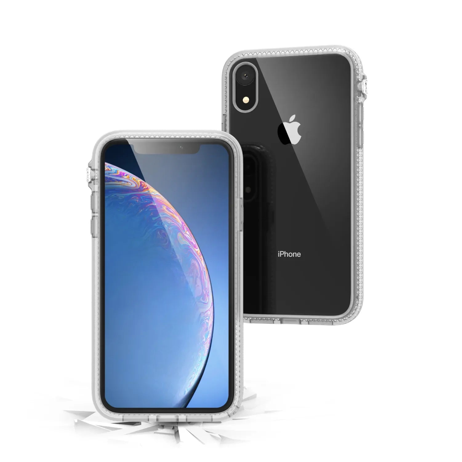 Two iPhone XRs in Catalyst Case US Impact Protection CasesÃƒÂ¢Ã¢â€šÂ¬Ã¢â‚¬Âclear, rugged, MIL-STD 810G certified for drops; one shows a blue-purple planetary wallpaper, the other its black back. Wireless charging compatible.
