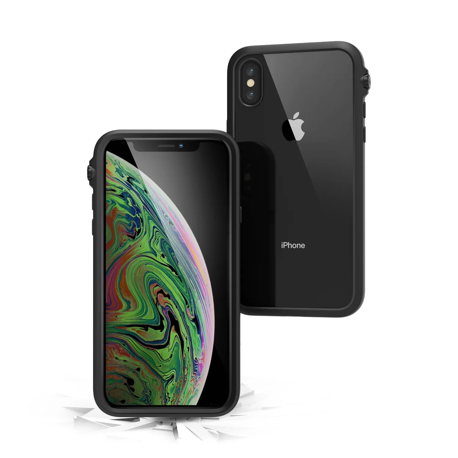 Two iPhone Xs Max phones with Catalyst Case US Impact Protection Cases in Stealth Black are shown: one displays a colorful abstract screen, the other shows the Apple logo and dual rear camera. The front phone appears to have landed on a cracked surface.