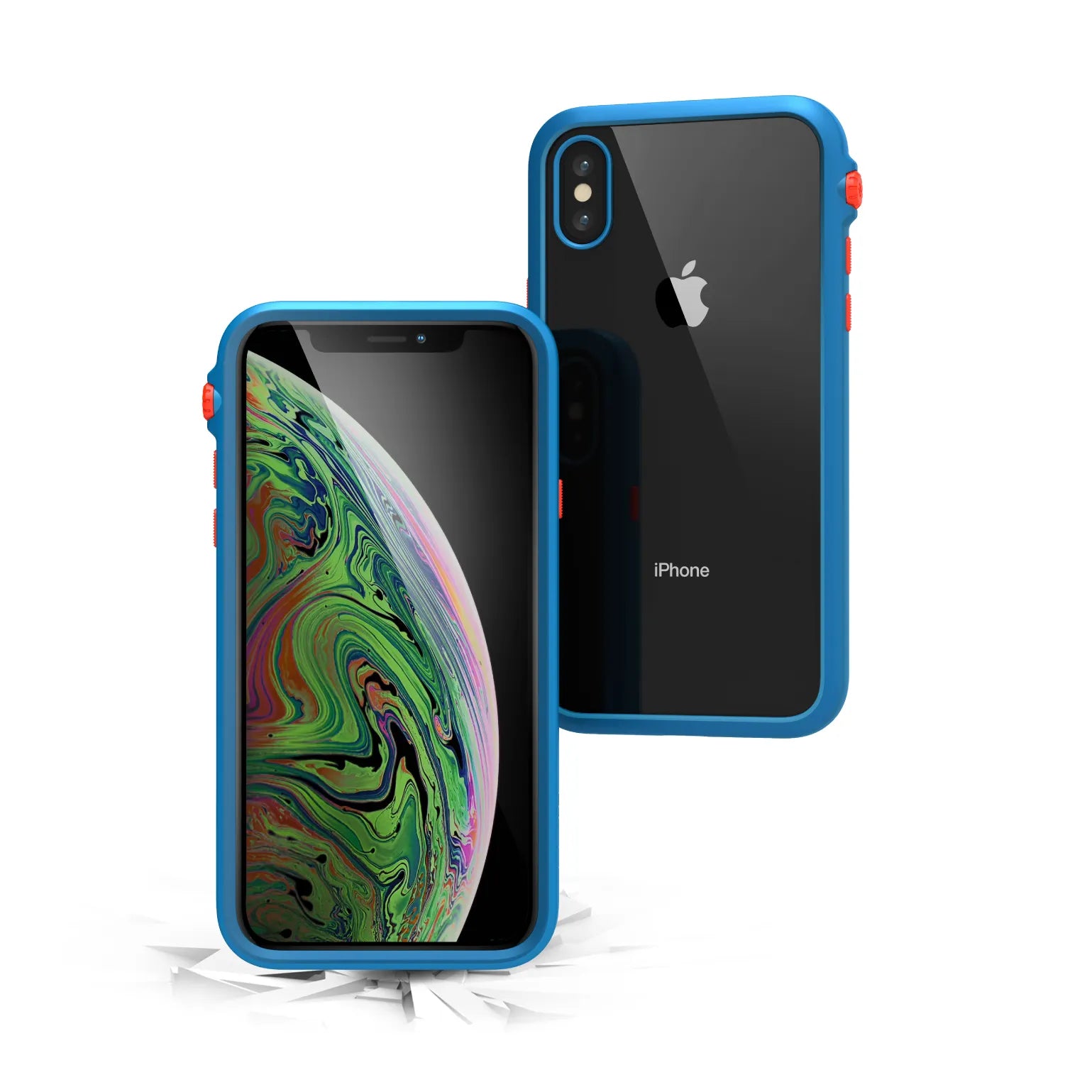 Two iPhone Xs Max phones with Catalyst Case US Impact Protection Cases in Blueridge and Sunset colors are shown: one displays a vivid wallpaper, the other shows the Apple logo and dual camera. Cracks appear beneath, highlighting their impact resistance.