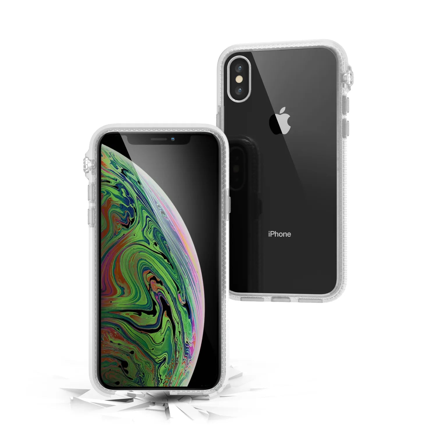 The Catalyst Case US Impact Protection Case in Clear is shown on an iPhone Xs Max with a vivid wallpaper. One phone displays the screen while the other shows the back and Apple logo, both on a cracked white surface to highlight impact protection.