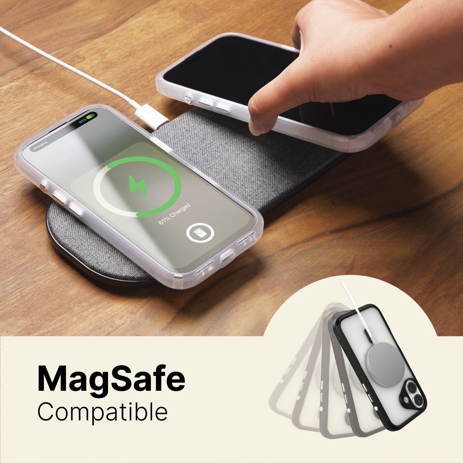 A hand is placing an iPhone equipped with the Catalyst Drop Proof Case, MagSafe Compatible onto a wireless charging pad, while another phone with the same Catalyst case is already shown charging on the pad. Text at the bottom reads, "MagSafe Compatible".